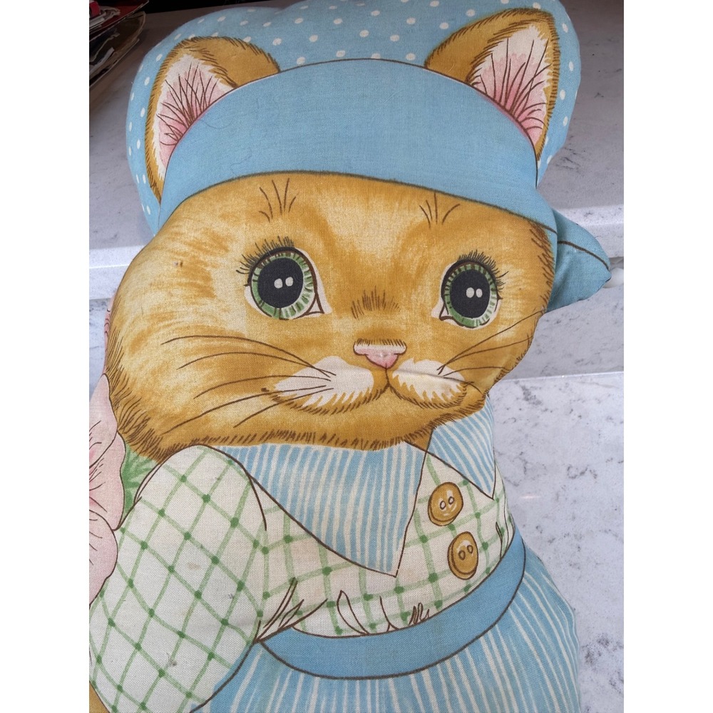 Vintage Handmade‎ Fabric Cat Pillow Ginger Tabby Blue Striped Outfit Cottagecore